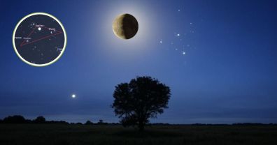 El triángulo celestial entre la Luna, Pléyades y Júpiter se alza en el cielo esta noche
